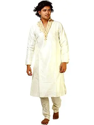 Ivory Wedding Kurta Pajama with Crystal and Faux Pearl Embroidery