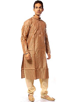Khaki Kurta Pajama with Self-Weave and Embroidery on Button Palette