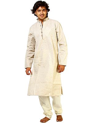 Khaki Kurta Pajama with Woven Stripes All-Over