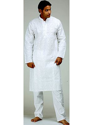 Milky-White Chikan Embroidered Kurta Set