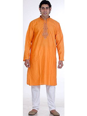 Orange Crush Kurta Set with Threadwork on Neck