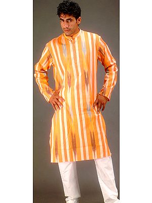 Orange Kurta Set with Ikat Weave
