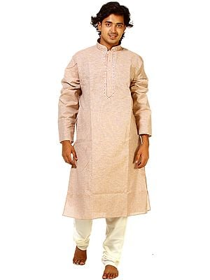 Pastel Rose-Pink Kurta Pajama with Embroidery on Neck and Woven Stripes