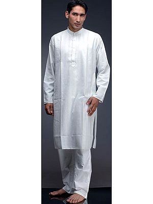 Pure White Kurta Set with Green Stripes