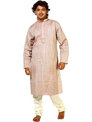 Shadow-Mauve Kurta Pajama with Embroidery on Neck and All-Over Woven Stripes