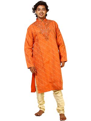 Orange Designer Kurta Pajama with Sequins Embroidered on Neck and Woven Paisleys All-Over