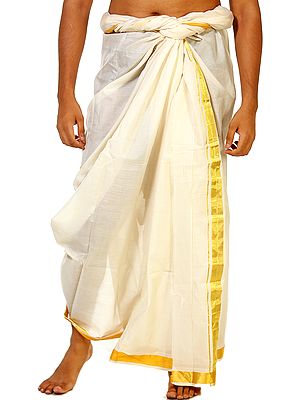 Cream Dhoti from Kerala with Golden Woven Border