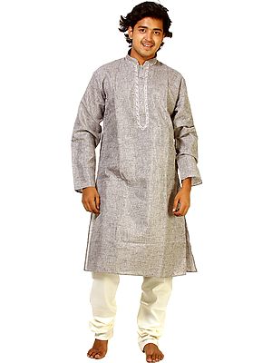 Winter-White Khadi Kurta Pajama with Embroidery on Neck and Self Weave