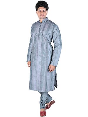 Steel-Blue Kurta Pajama with Thread Weave and Chinese Collar