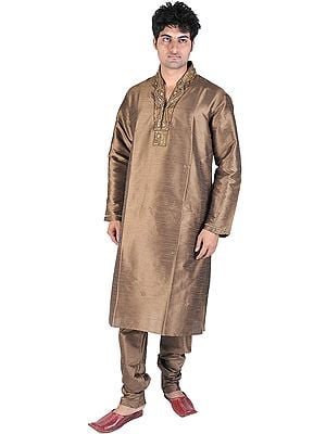 Cocoa-Brown Designer Kurta Pajama with Embroidered Beads and Sequins on Neck