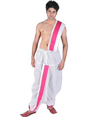 Chic-White Readymade Dhoti and Veshti Set with Fuchsia Border