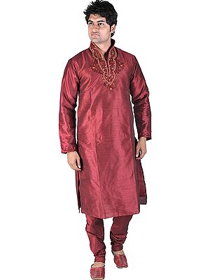Garnet-Red Wedding Kurta Pajama with Crystals and Beads Embroidered on Neck