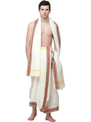 Plain Dhoti and Angavastram Set with Woven Border