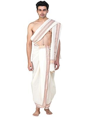 Plain Dhoti and Angavastram Set with Woven Border