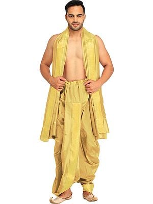 Dhoti and Angavastram Set with Wide Golden Border (Ready to Wear)