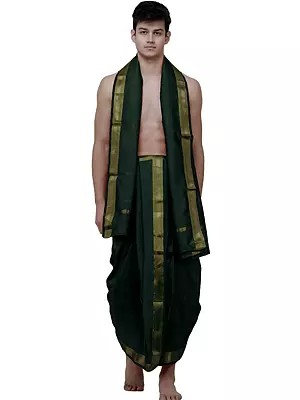 Dhoti and Angavastram Set with Wide Golden Border (Ready to Wear)