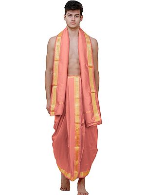 Dhoti and Angavastram Set with Wide Golden Border (Ready to Wear)