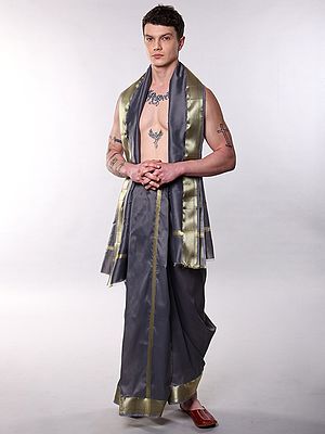 Dhoti and Angavastram Set with Wide Golden Border (Ready to Wear)