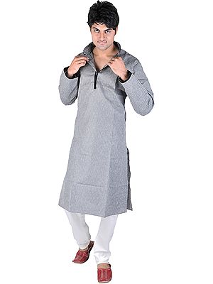 Pewter-Gray Designer Kurta Pajama with Velvet-Applique Neck and Woven Stripes