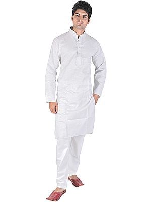 Pure Cotton Kurta Pajama with Embroidery on Neck and Woven Stripes