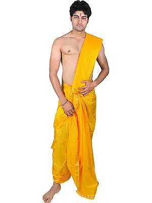 Citrus-Yellow Dhoti and Angavastram Set with Golden Thread Weave on Border