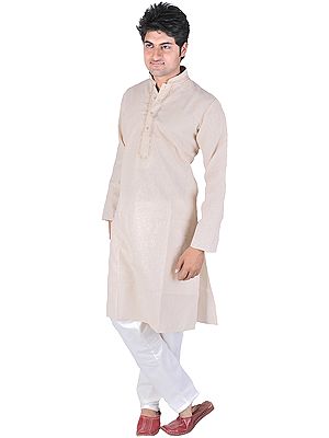 Pink-Champagne Kurta Pajama with Embroidery on Neck and Woven Stripes