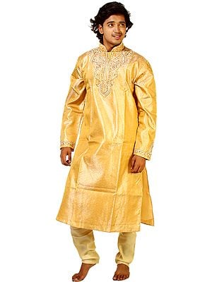 Golden-Apricot Wedding Kurta Pajama with Crystals and Beads Embroidered on Neck