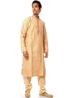 Beige Designer Kurta Pajama with Woven Paisleys and Hand Embroidery on Neck