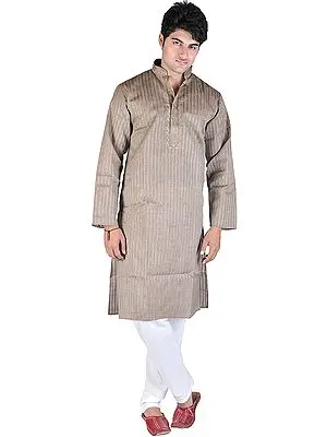 Brownie Kurta Pajama with Wide Woven Stripes and Embroidery on Neck