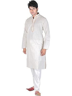 Silver-Gray Kurta Pajama with Hand Embroidered Flowers on Neck