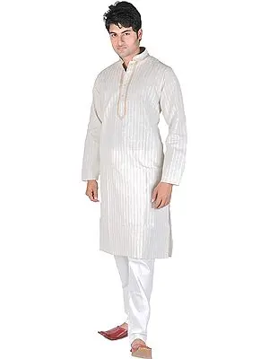 Silver-Gray Kurta Pajama with Hand Embroidered Flowers on Neck