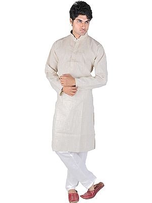 Kurta Pajama with Embroidery on Neck and Woven Stripes