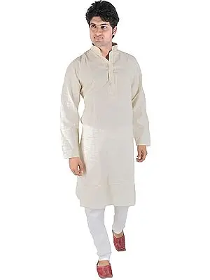 Chino-Green Kurta Pajama with Embroidery on Neck and Thread Weave