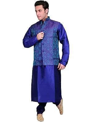 Dazzling-Blue Kurta Pajama Set with Purple-Reign Brocaded Waistcoat