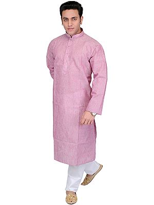Kurta Pajama with Fine Woven Stripes and Embroidery on Neck