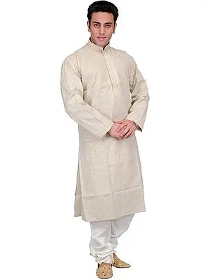Beige Kurta Pajama with Woven Stripes and Embroidery on Neck