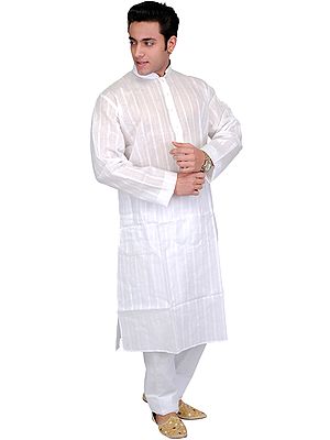 Pure-White Plain Kurta Pajama with Woven Stripes