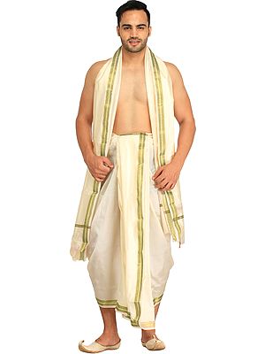 Dhoti and Angavastram set with Golden Woven Paisley on Border