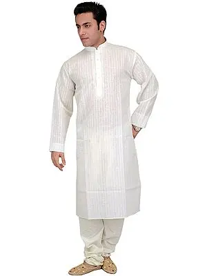 Kurta Pajama with Embroidery on Neck and Checks Woven in Self