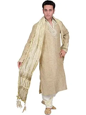 Golden-Beige Wedding Kurta Pajama with Brocaded Paisleys and Faux Pearl Embroidery on Neck