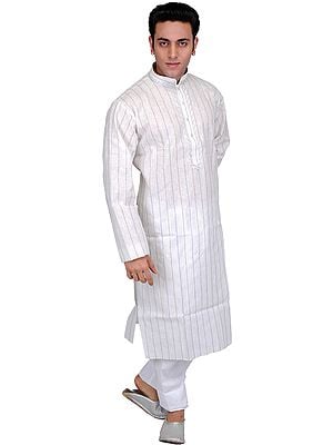 Off-White Kurta Pajama with Woven Stripes and Thread Embroidery on Neck