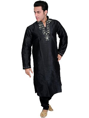 Black Wedding Kurta Pajama with Crystal and Stone Work on Neck