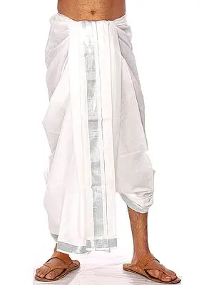 White Kasavu Dhoti from Kerala with Wide Silver Woven Border