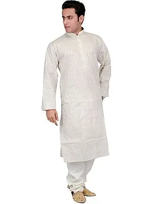 Pure Cotton Kurta Pajama with Thread Embroidery on Neck and Woven Stripes