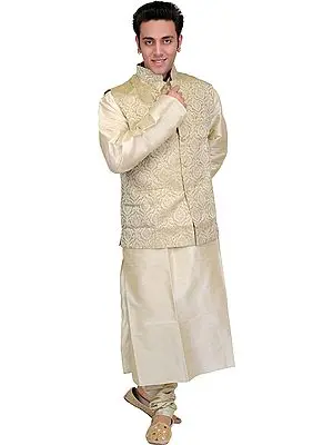 Three-Piece Golden-Beige Wedding Kurta Pajama Set with Brocaded Vest