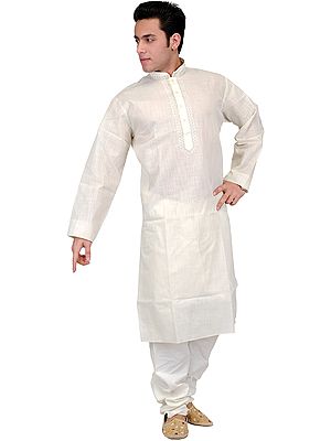 Plain Kurta Pajama with Thread Embroidery on Neck