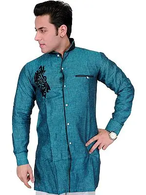 Pacific-Blue Wedding Shirt with Embroidered Motif in Black