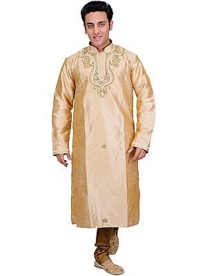 Golden-Beige Wedding Kurta Pajama with Faux Pearl Embroidery on Neck