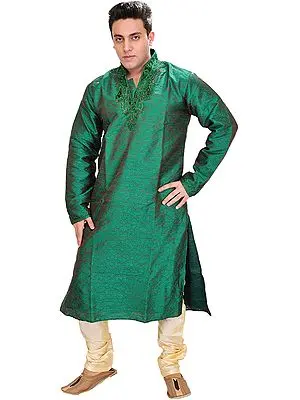 Forest-Green Wedding Kurta Pajama with Hand-Embroidered Beads on Neck