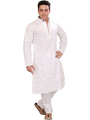 Winter-White Kurta Pajama Set with Self Weave and Chinese Collar